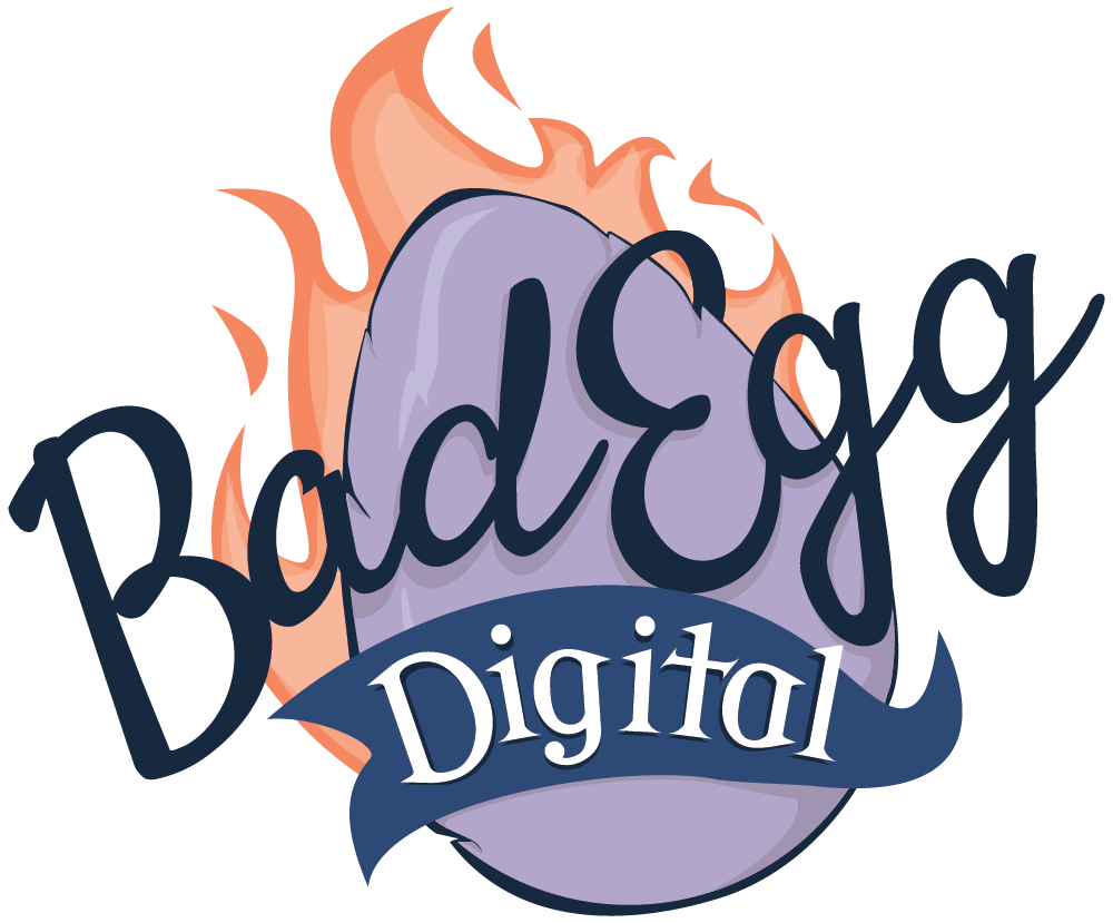 Bad Egg Digital logo. Text overlaid on a purple egg with an orange frame.